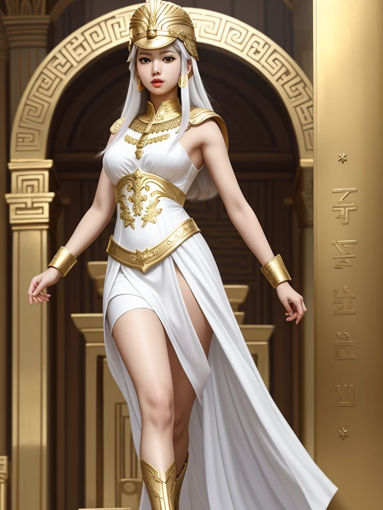 Greek goddess Athena, greek style white dress, Golden armor, Golden Shield, good body, slender legs, rostro de jennie kim. Greek war helmet.