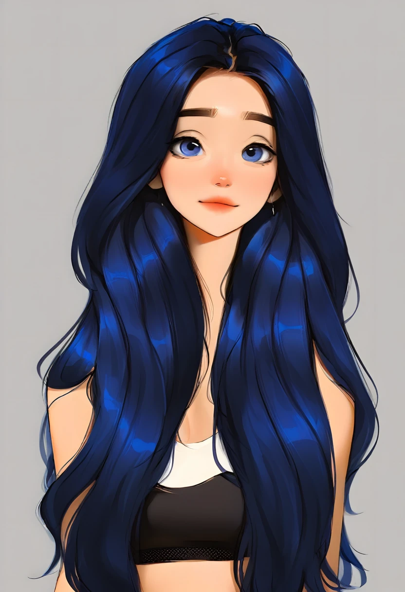 portrait of a cute woman, de corpo inteiro, long hair, dark blue hair color, blue eyes, White background, webtoon style