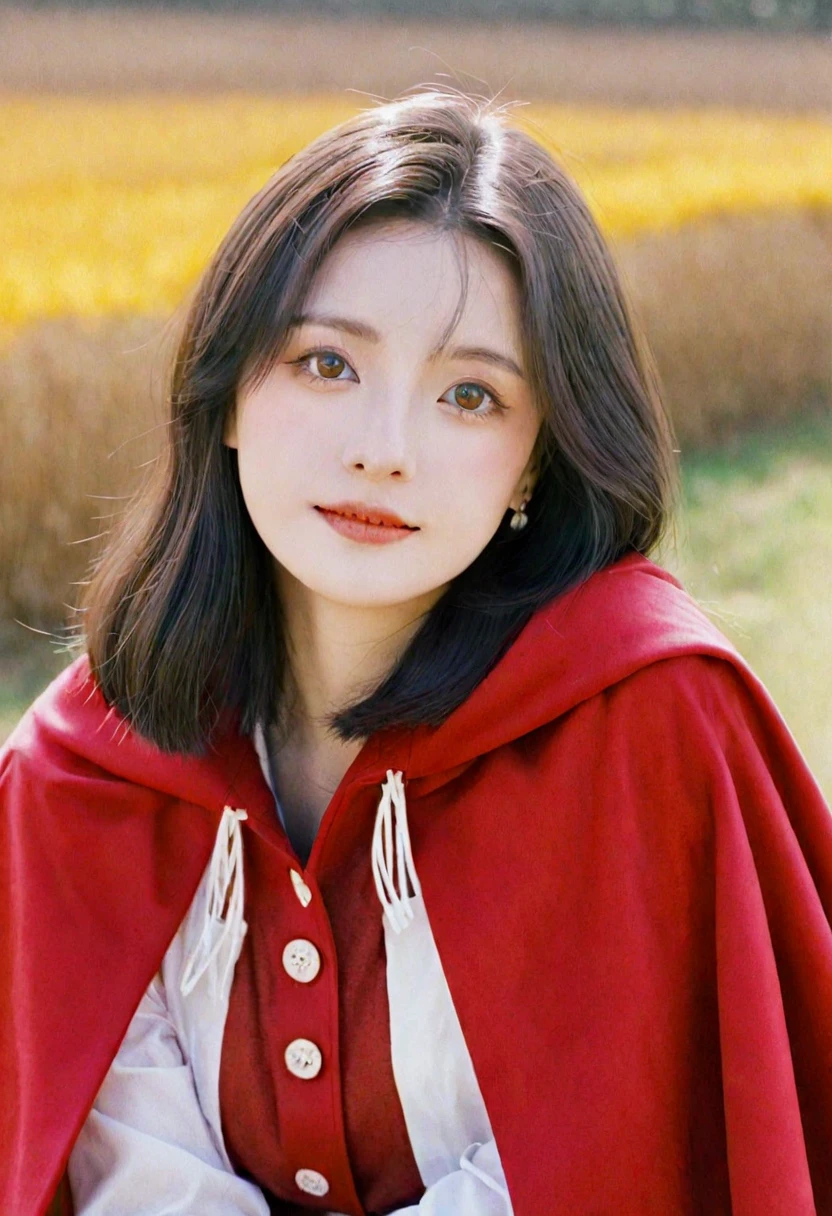 A woman in a red cloak posing for a photo