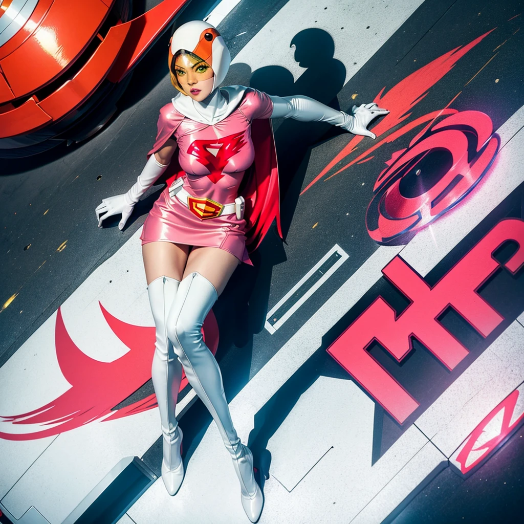 ANI_CLASSIC_jun_gatchaman_ownwaifu,1girl, 15yo,good anatomy, masterpiece, best quality,realistic, hyperrealistic, 16k hdr, long hair,breasts,green eyes,lips,large breasts,lipstick,makeup,gloves,cape,helmet,belt,elbow gloves,white gloves,mask,ultra miniskirt,leotard,spacesuit,white tight overknee highheels boots,pink dress,superhero,bodysuit,cleavage,erected nipples,(sexy pose,view from above),(spread legs:1.1),cameltoe