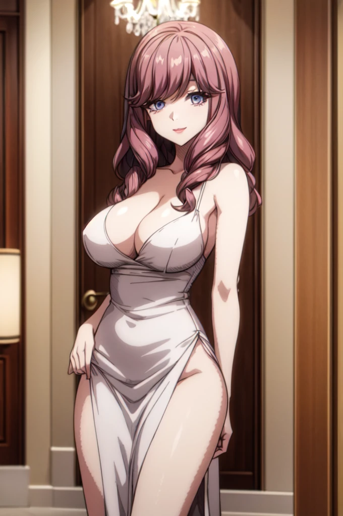perfect eyes:1.2, detailed eyes:1.4, hall, smile, chandelier, medium hair, Kurayoshi_R, cleavage, large breasts, ass, white dress, pelvic curtain, long dress, medium full shot, thigh-level shot, 1girl,(masterpiece:1.6, best quality),