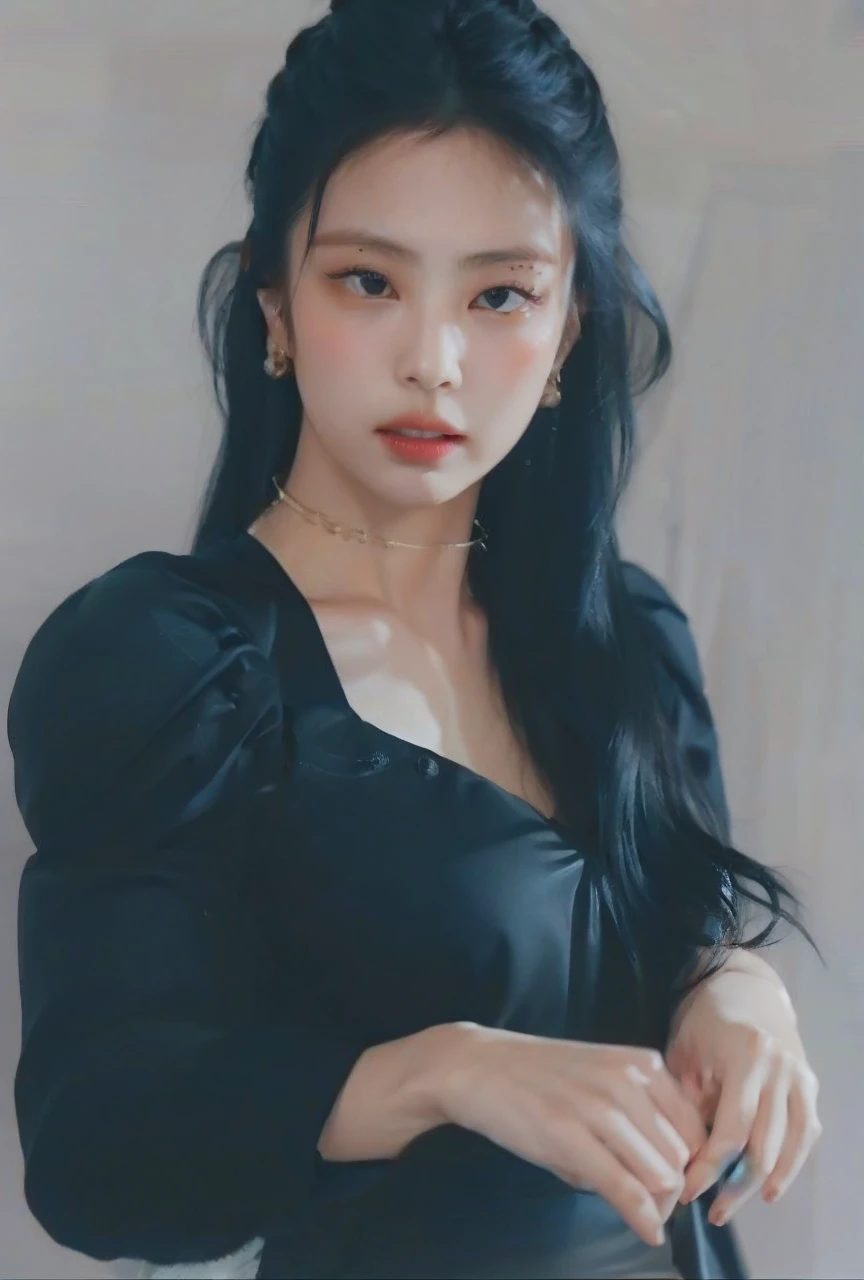 Black hair, sharp features, slightly prominent chest, long fingers, prominent jewelry