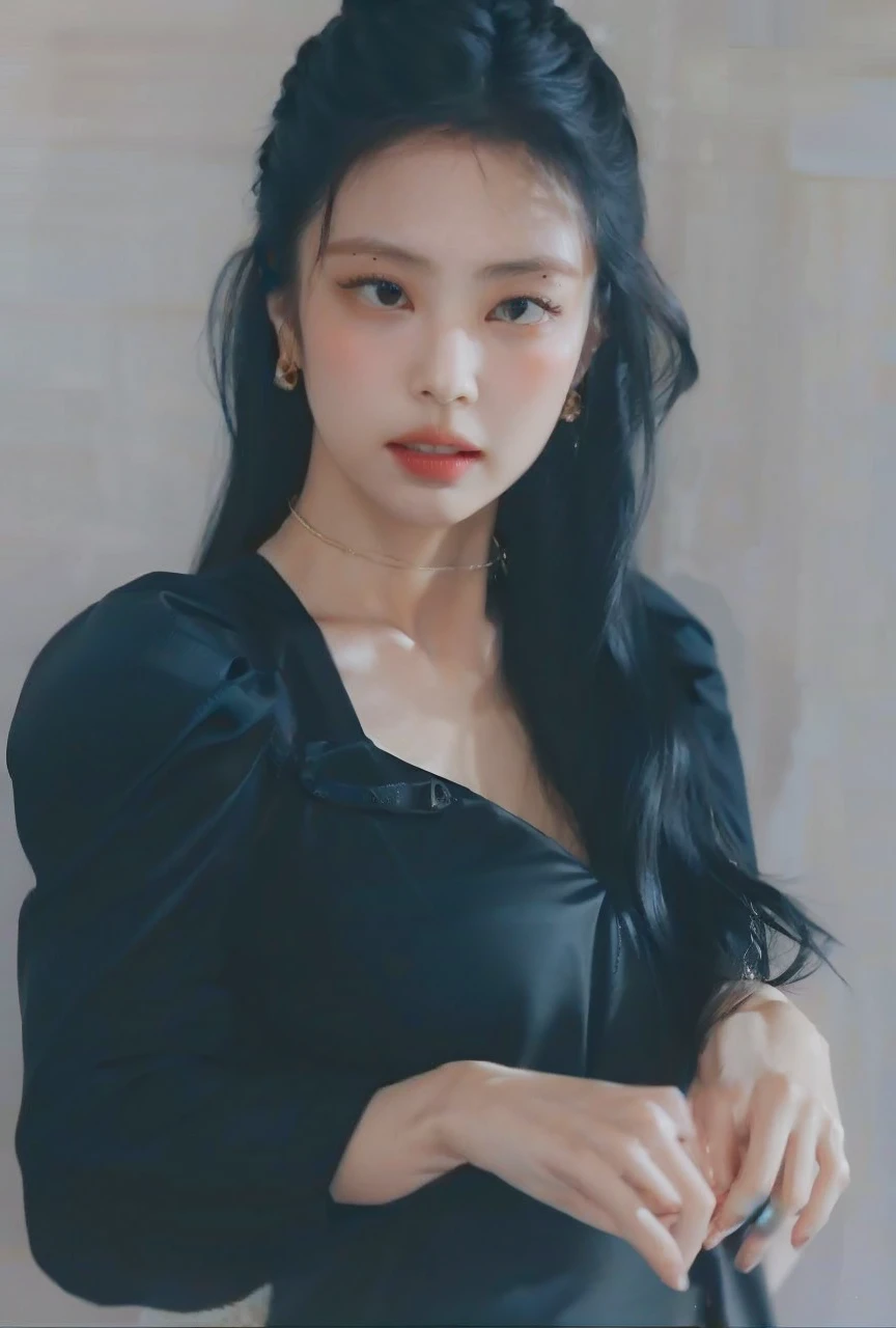 Black hair, sharp features, slightly prominent chest, long fingers, prominent jewelry