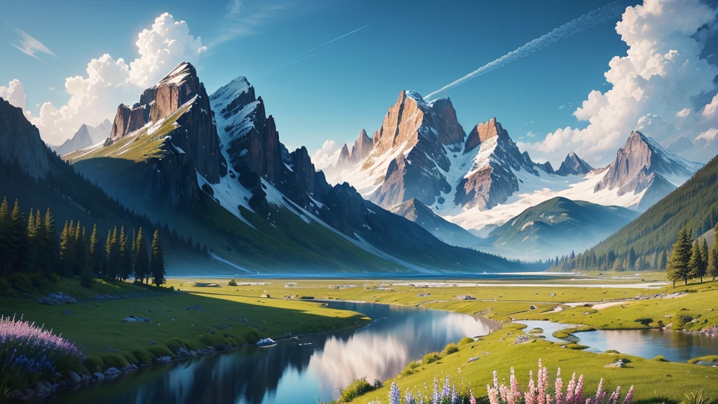 ((masterpiece, best quality, Movie, Reality, Extremely detailed)),Majestic mountains，and various flowering plants, Blue sky, Fluffy clouds add a touch of drama to the scene, In the foreground, A clear river meanders through，Reflecting the beauty of plants and the vastness of the sky