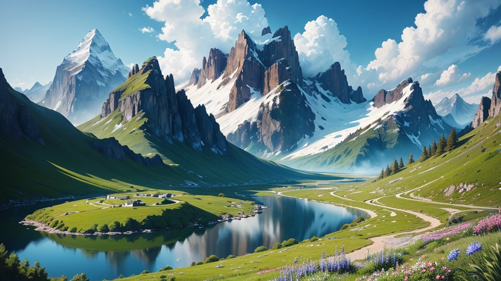 ((masterpiece, best quality, Movie, Reality, Extremely detailed)),Majestic mountains,and various flowering plants, Blue sky, Fluffy clouds add a touch of drama to the scene, In the foreground, A clear river meanders through,Reflecting the beauty of plants and the vastness of the sky