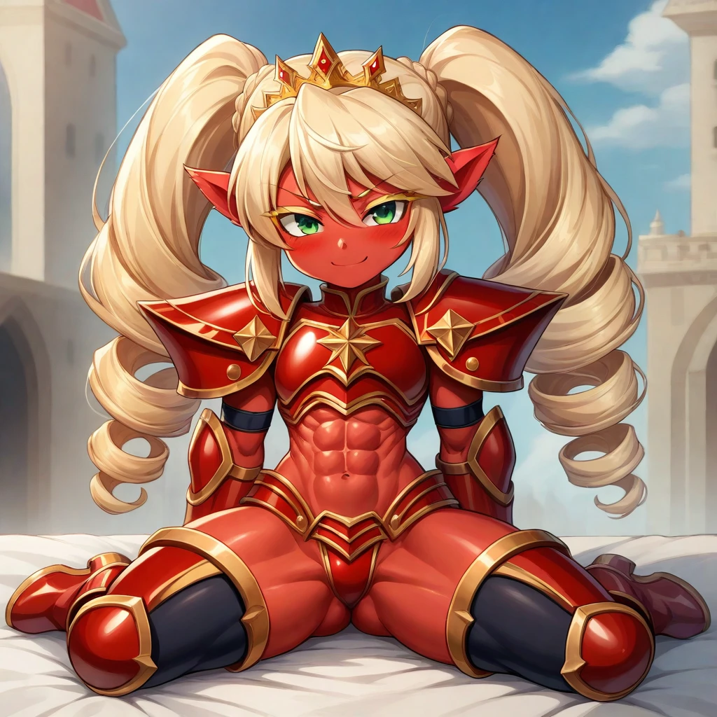  Lancer Artoria body (Alexis Texas Face), elegant adult female, blonde, green eyes (yellow eyelashes) crown, turtleneck, full body sitting on a bench, showing ass to me, RED breastplate, RED skin (1SologirlRED skin:1.2), looking at viewer, shiny, armor, thigh highs, high boots, pauldrons shoulder armor, faulds, poleyn, RED gloves gauntlets, rerebrace, RED military armored boots, yordle muscular lean platinum blonde long twin tails hairstyle at the bedroom lustful smirking smile face red blushed, blush, strong abs, female body builder, tiara, twin drills hair, (masterpiece, best quality, ultra detailed, best shadow)