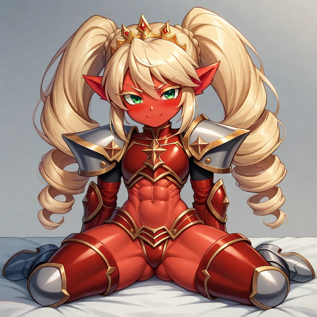Lancer Artoria body (Alexis Texas Face), elegant adult female, blonde, green eyes (yellow eyelashes) crown, turtleneck, full body sitting on a bench, showing ass to me, RED breastplate, RED skin (1SologirlRED skin:1.2), looking at viewer, shiny, armor, thigh highs, high boots, pauldrons shoulder armor, faulds, poleyn, RED gloves gauntlets, rerebrace, RED military armored boots, yordle muscular lean platinum blonde long twin tails hairstyle at the bedroom lustful smirking smile face red blushed, blush, strong abs, female body builder, tiara, twin drills hair, (masterpiece, best quality, ultra detailed, best shadow)