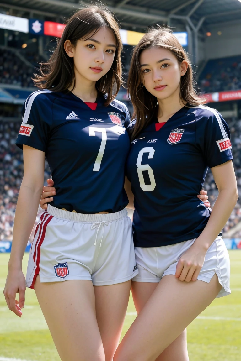 deux femmes ensemble de 18 ans sexy et mince , short sleeve football uniform, salle de classe, se touche,position sey,sensuel