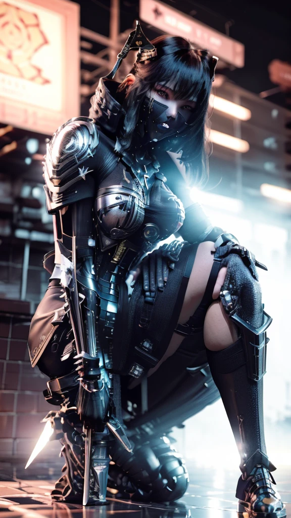 Surreal version of a woman kneeling down on one knee with sword in hand, very beautiful cyberpunk samurai,Sitting on one knee, cyberpunk anime art, cyberpunk samurai, cyberpunk anime art, cyberpunk anime, cgsociety 9, digital cyberpunk anime art, style of maciej kuciara .1girl, samurai armor, devil mask helmet, intricate, detailed ornaments, cold colors, metallic, Egyptian details, details very complex, realistic lighting, trending on social cgs, glowing eyes, facing camera, neon details, surreal details, full body portrait, Japanese atmosphere, lighting global, shadow, octane rendering, 8k, super sharp lolita.((Best quality)), ((masterpiece)), (details:1.4), 3D, image of a female cyberpunk beautiful,HDR (High Dynamic Range),Beam Range,NVIDIA RTX,Ultra High Resolution,Unreal 5,Subsurface Scattering,PBR Textures,Post-processing,Anisotropic Filtering,Depth of Field, Maximum clarity and sharpness, Multi-layer textures, Albedo and Reflection maps, Surface shadows, Accurate simulation of light-material interaction, Perfect scaling, Octane rendering, Two-tone lighting Color, Wide Aperture, Low ISO, White Balance, Rule of Thirds, 8K RAW,