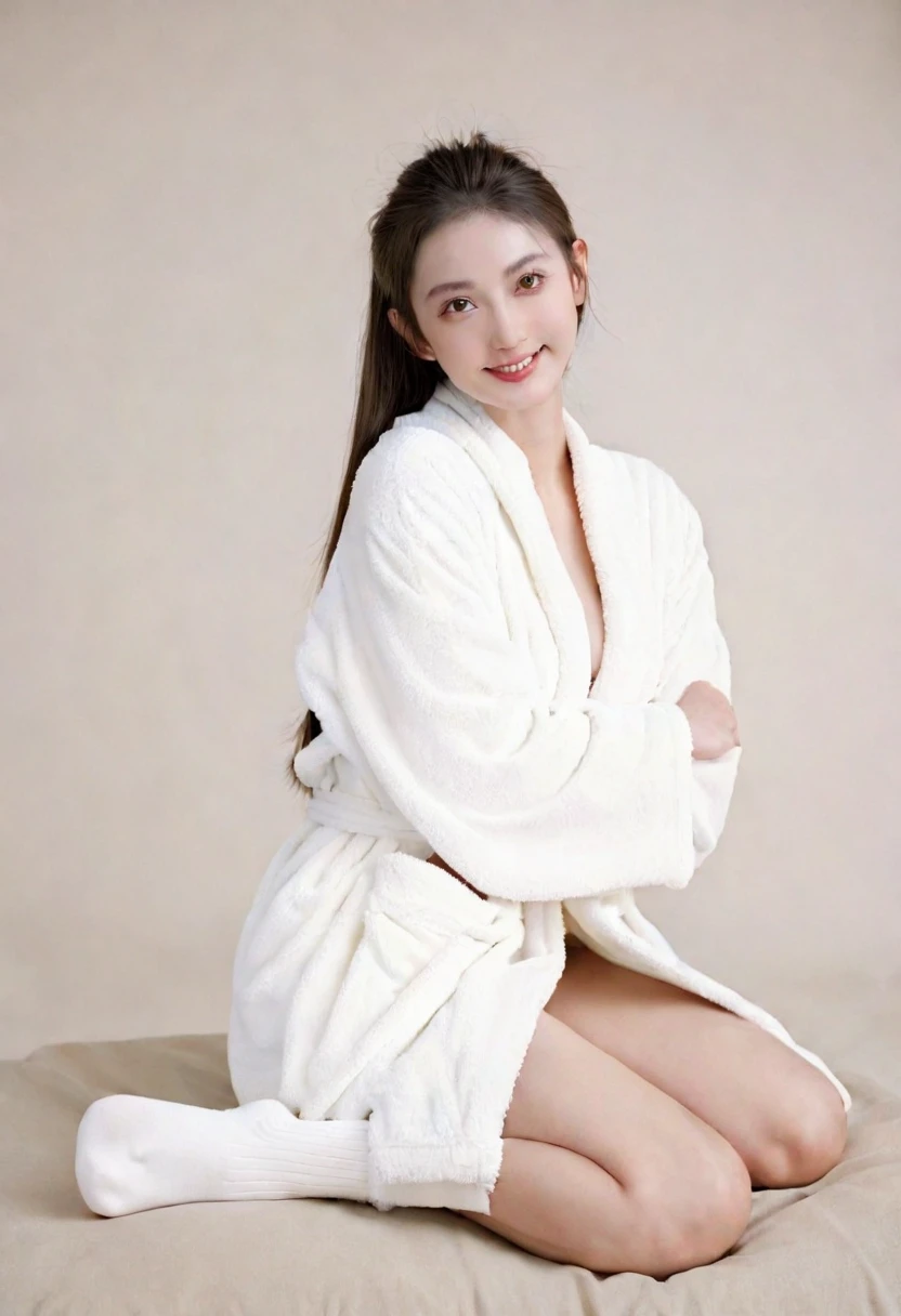 A woman in a white robe and white socks posing for a photo