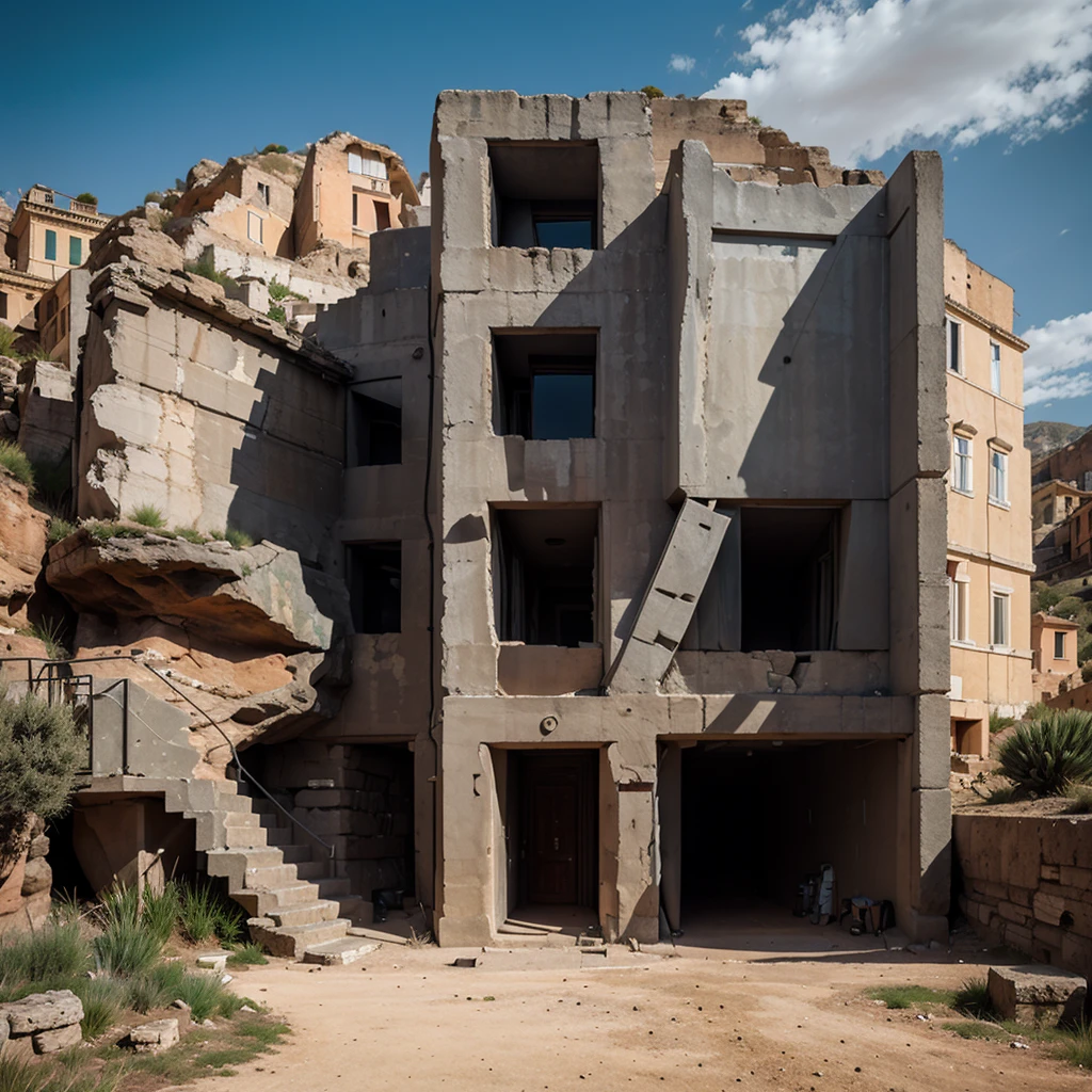 anciant rome forum building build in the rocks on the mountain with modern architecture details, dark gray colors of buildings modern details
