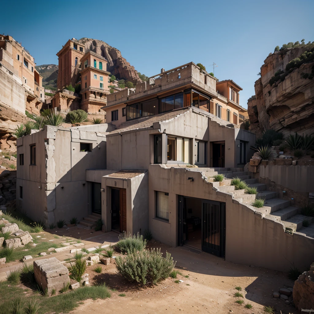 anciant rome forum building build in the rocks on the mountain with modern architecture details, dark gray colors of buildings modern details
