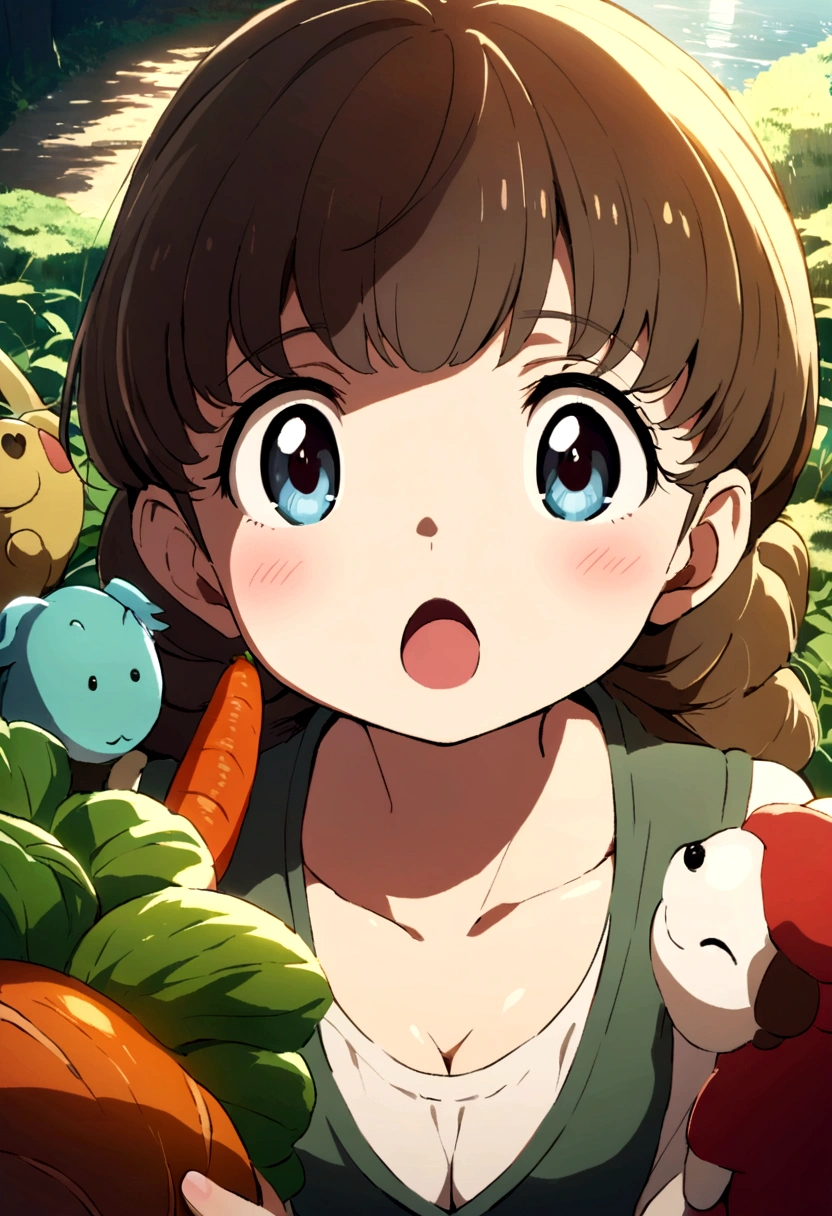 Ghibli colors, Cinematic lighting effects, Scene of country children playing by the river,There are fruits and vegetables,There are puppies,There are butterflies,Super healing,in style of hayao miyazaki,(Sunshine 1.1)closeup cleavage,tmasterpiece,Super light and shadow,Super textured