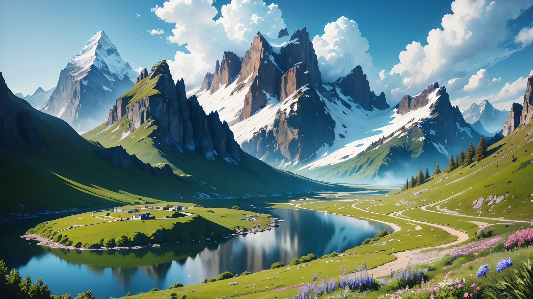 ((masterpiece, best quality, Movie, Reality, Extremely detailed)),Majestic mountains,and various flowering plants, Blue sky, Fluffy clouds add a touch of drama to the scene, In the foreground, A clear river meanders through,Reflecting the beauty of plants and the vastness of the sky