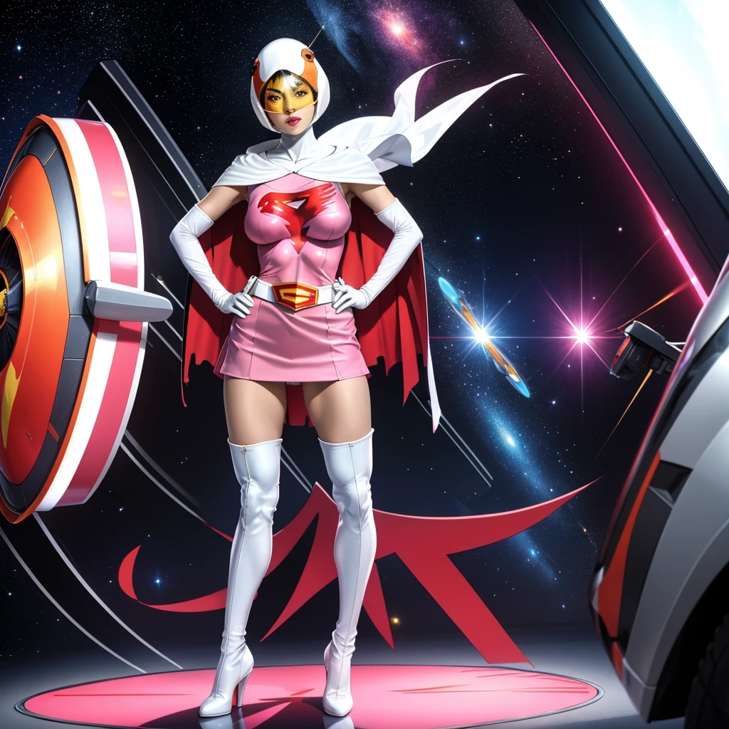 ANI_CLASSIC_jun_gatchaman_ownwaifu,1girl, 15yo,good anatomy, masterpiece, best quality,realistic, hyper realistic, 16k hdr, long hair,breasts,lips,large breasts,lipstick,makeup,gloves,cape,helmet,belt,elbow gloves,white gloves,mask,ultra miniskirt,leotard,spacesuit,white tight overknee highheels boots,pink dress,superhero,bodysuit,cleavage,erected nipples,(stand pose,hands on hip),(spread legs:1.1),cameltoe