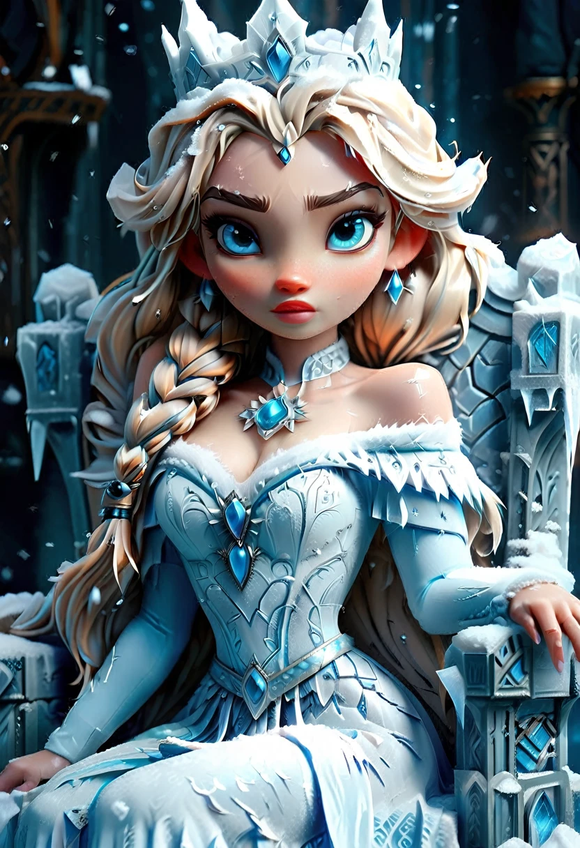 Arafed a picture of a frozen throne for an ice goddess, the goddess is sitting on her icy throne, wearing white and blue royal dress, glamorous dress, dynamic hair, bold intense eyes, extremely exquisite beautiful queen, perfect body, (anatomically correct: 1.3), ultra feminine, ultra detailed face, dark blue lips, azure glowing eyes, she sits on a (throne made from ice: 1.3) of regality, and might, throne carved from ice , legendary symmetric design, with (many carvings in the ice: 1.3), dynamic caevings on the handles decorated with (diamonds: 1.1), and (blue gems: 1.1), fantasy ice goddess hall room background, (masterpiece: 1.4) intense details, highly detailed, photorealistic, best quality, highres,16k, (ultra detailed:1.3(, masterpiece, best quality, (extremely detailed), close up, ultra wide shot, photorealistic, RAW, fantasy art, dnd art, fantasy art, realistic art,((best quality)), ((masterpiece)), (detailed: 1.5), ral-ntrgmstn, faize, IceMagicAI