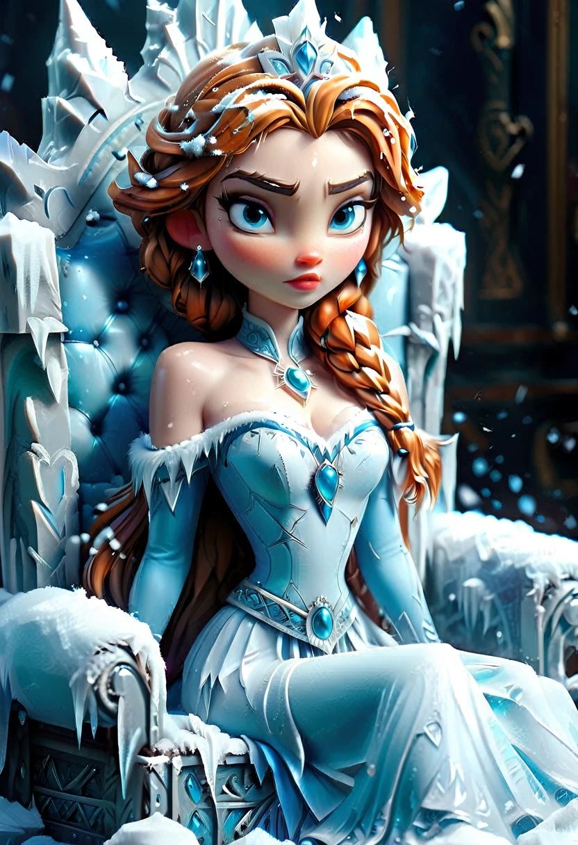 Arafed a picture of a frozen throne for an ice goddess, the goddess is sitting on her icy throne, wearing white and blue royal dress, glamorous dress,  dynamic hair, bold intense eyes, extremely exquisite beautiful queen, perfect body, (anatomically correct: 1.3), ultra feminine, ultra detailed face, dark blue  lips, azure glowing eyes, she sits on a (throne made from ice: 1.3) of regality, and might, throne carved from ice , legendary symmetric design, with (many carvings in the ice: 1.3), dynamic caevings on the handles decorated with (diamonds: 1.1), and (blue gems: 1.1), fantasy ice goddess hall room background, (masterpiece: 1.4) intense details, highly detailed, photorealistic, best quality, highres,16k, (ultra detailed:1.3(, masterpiece, best quality, (extremely detailed), close up, ultra wide shot, photorealistic, RAW, fantasy art, dnd art, fantasy art, realistic art,((best quality)), ((masterpiece)), (detailed: 1.5), ral-ntrgmstn, faize, IceMagicAI