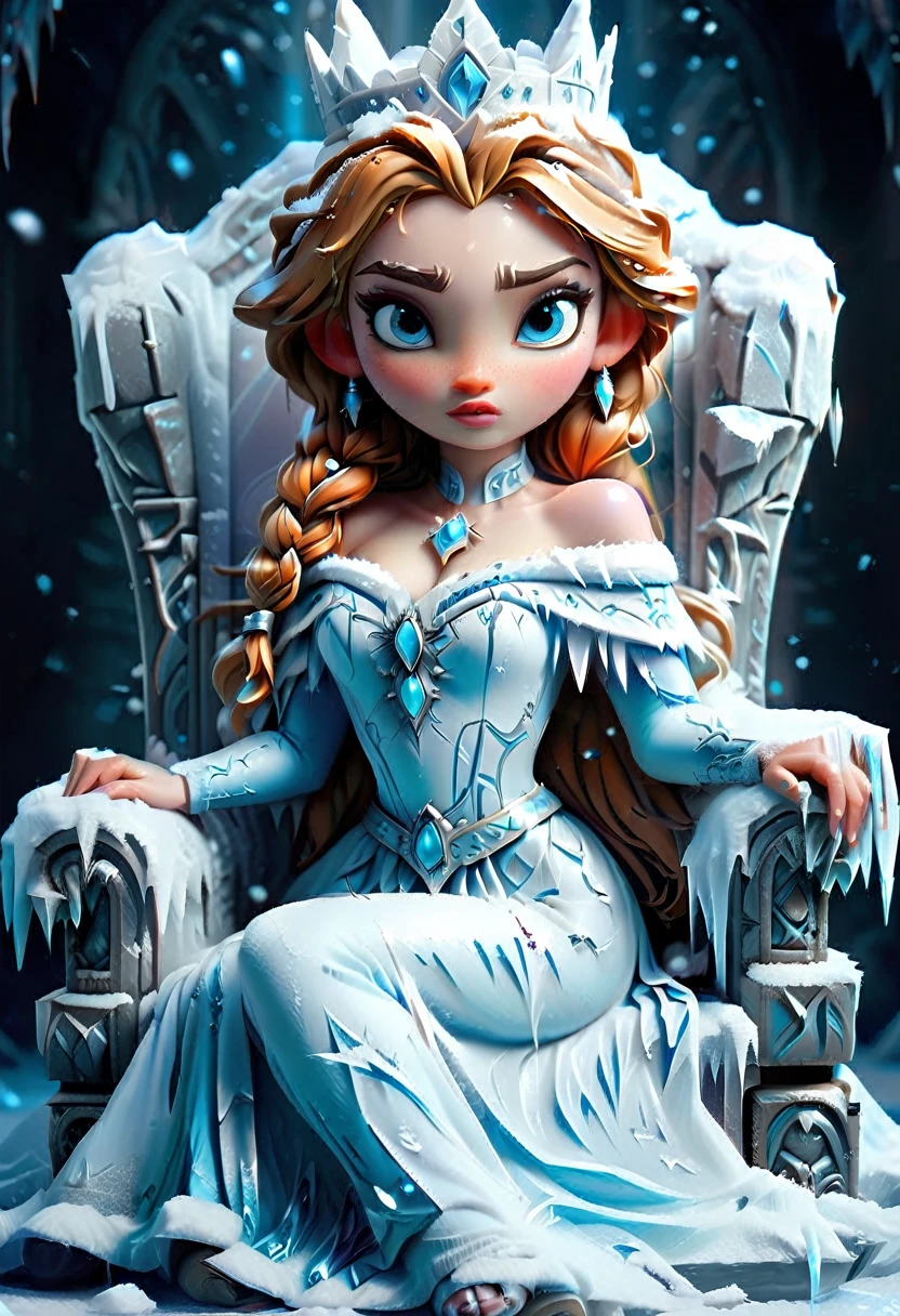 Arafed a picture of a frozen throne for an ice goddess, the goddess is sitting on her icy throne, wearing white and blue royal dress, glamorous dress,  dynamic hair, bold intense eyes, extremely exquisite beautiful queen, perfect body, (anatomically correct: 1.3), ultra feminine, ultra detailed face, dark blue  lips, azure glowing eyes, she sits on a (throne made from ice: 1.3) of regality, and might, throne carved from ice , legendary symmetric design, with (many carvings in the ice: 1.3), dynamic caevings on the handles decorated with (diamonds: 1.1), and (blue gems: 1.1), fantasy ice goddess hall room background, (masterpiece: 1.4) intense details, highly detailed, photorealistic, best quality, highres,16k, (ultra detailed:1.3(, masterpiece, best quality, (extremely detailed), close up, ultra wide shot, photorealistic, RAW, fantasy art, dnd art, fantasy art, realistic art,((best quality)), ((masterpiece)), (detailed: 1.5), ral-ntrgmstn, faize, IceMagicAI