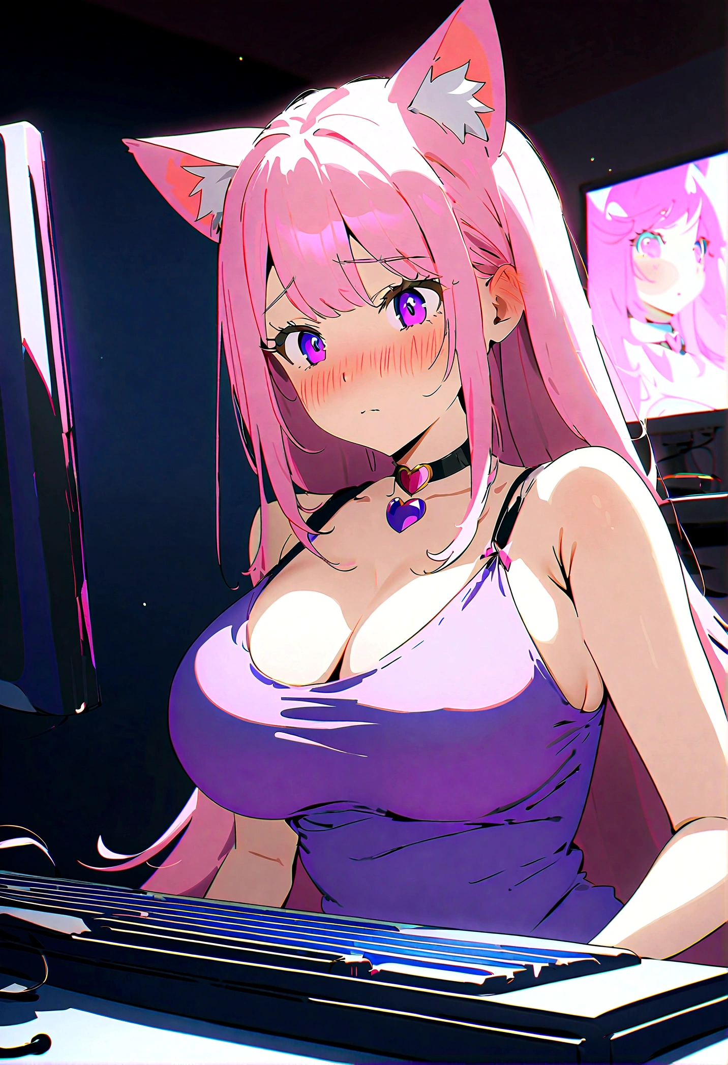 straightened hair, Pink twin-tailed hair, longeyelashes, Purple eyes, Cat Pupils, Heart-shaped choker, full body Esbian, gazing at computer, Shy, blush, tusk, ear blush, nose blush, Anime style, Color Field Painting, Ray tracing, bloom, looking from behind, nffsw, awardwinning, 16 K, Best Quality, high details, High quality, masterpiece, hight resolution, Accurate, Super Detail, Cat ears, Not Broken, perfect, Woman, Big boobs, gaming, gaming room, computer