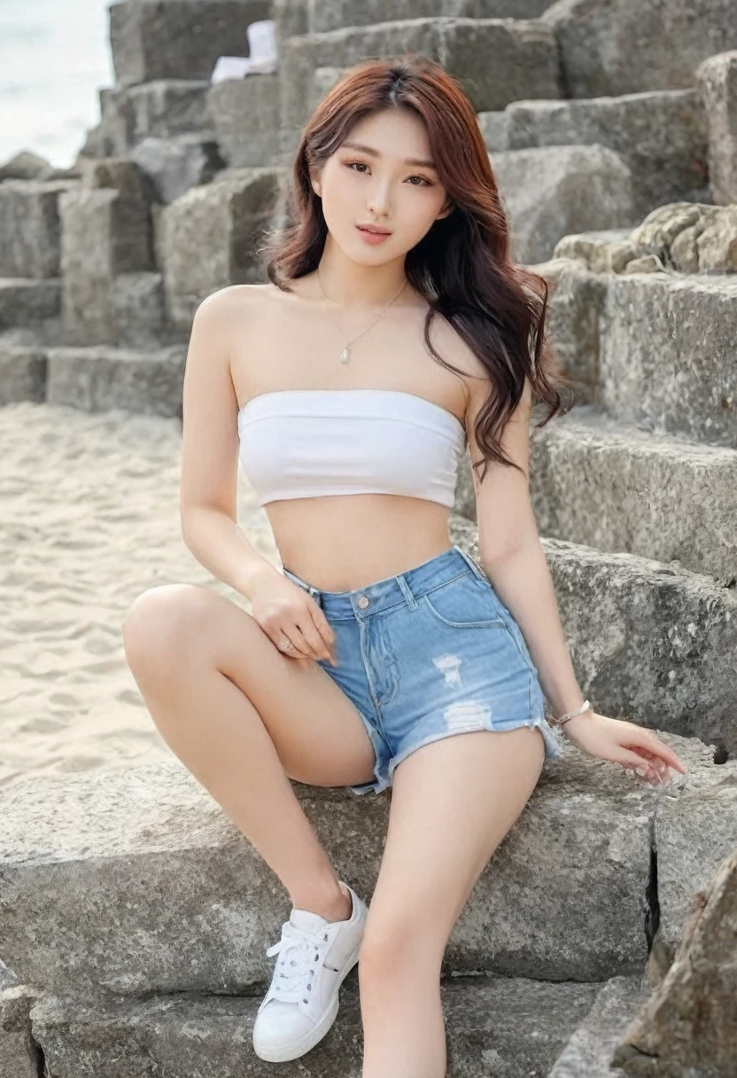 ((Best high quality:1.2)), (8k), extremely detailed, ((High detail:1.2)), (HotLexi woman), Solo, (24 years old Japanese female), (mini-shorts, cropped strapless), BREAK, ((pretty perfect korean model:1.4)),