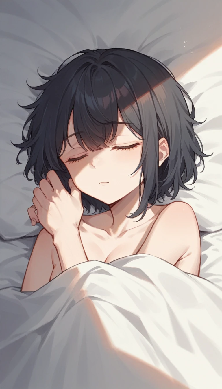 masterpiece,quality,An anime girl with long black hair is sleeping on the bed,Close shot,Cross your hands in front of your face,Fall asleep with your eyes closed,Tilting your head,Light and Shadow