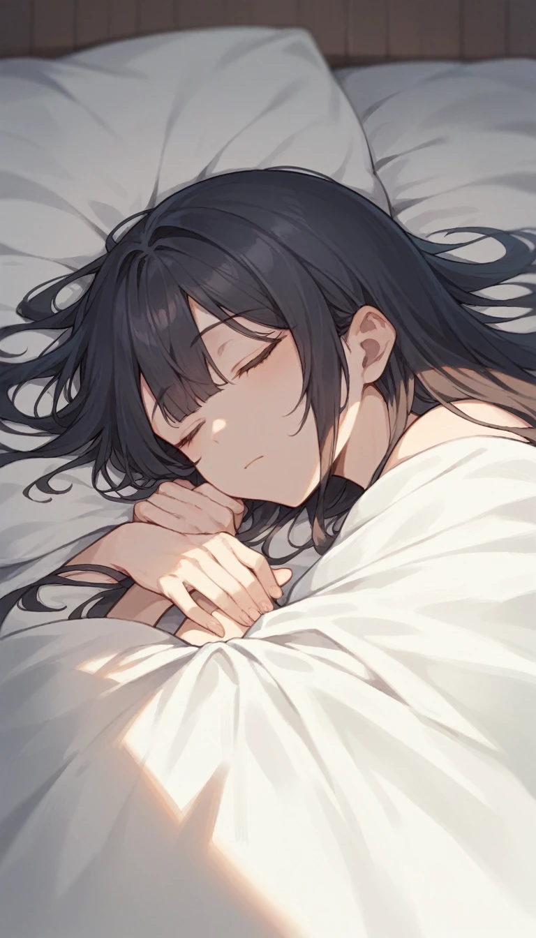 masterpiece，quality，An anime girl with long black hair is sleeping on the bed，Close shot，Cross your hands in front of your face，Fall asleep with your eyes closed，Tilting your head，Light and Shadow