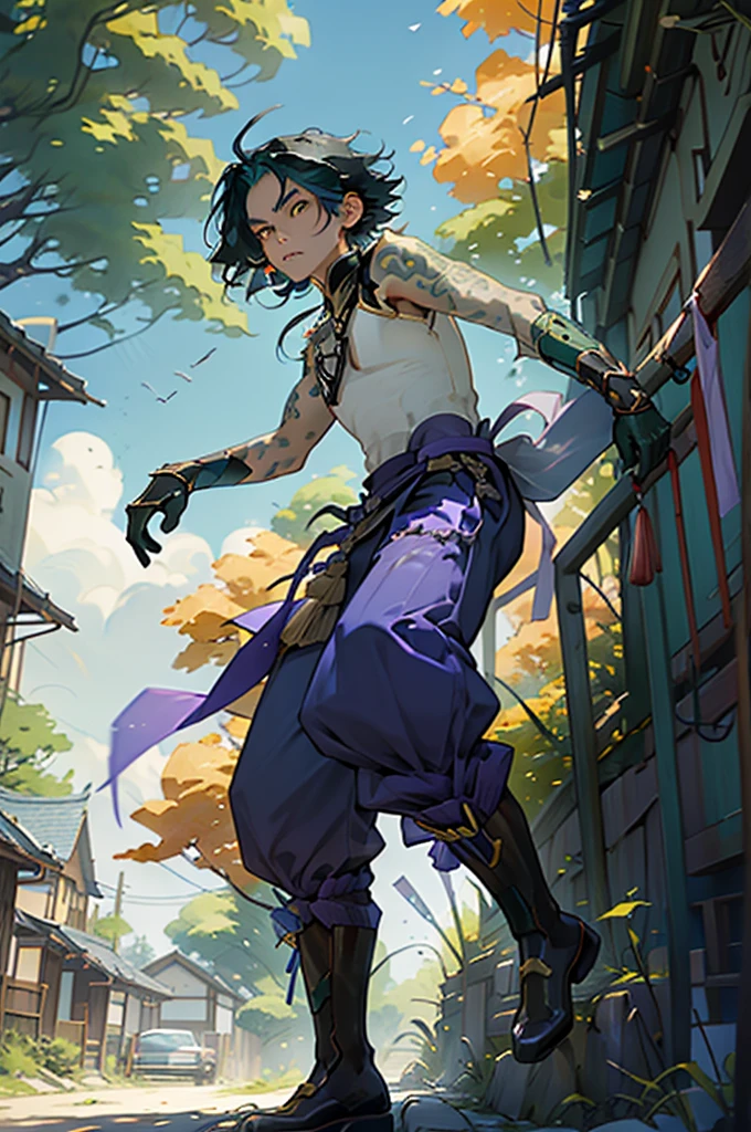 1 adult male solo,xiao \(genshin impact\), 1boy, male focus, short dark teal hair, yellow eyes, white sleeveless shirt, necklace, green tattoo on arm, detached white sleeve, black gloves, wide blue pants, black boots, pink and purple clothes details, black shoulder armor with spikes, outside, chinese mountains, yellow autumn trees, tree leaf falling, windy weather, dramatic light, movie poster style, cinematic shot, book cover, epic