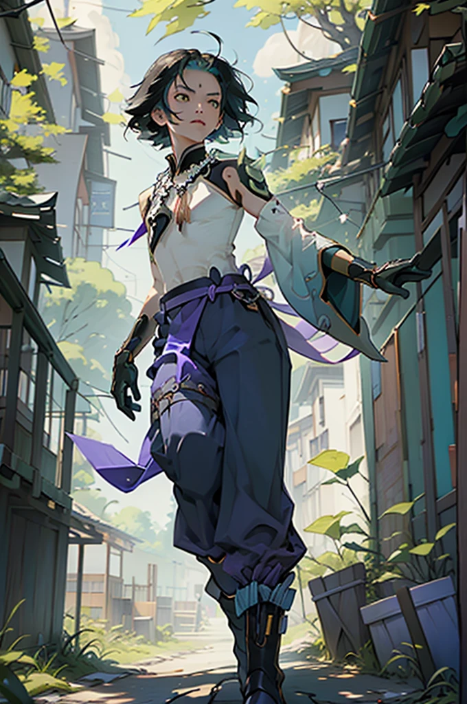 1 adult male solo,xiao \(genshin impact\), 1boy, male focus, short dark teal hair, yellow eyes, white sleeveless shirt, necklace, green tattoo on arm, detached white sleeve, black gloves, wide blue pants, black boots, pink and purple clothes details, black shoulder armor with spikes, outside, chinese mountains, yellow autumn trees, tree leaf falling, windy weather, dramatic light, movie poster style, cinematic shot, book cover, epic