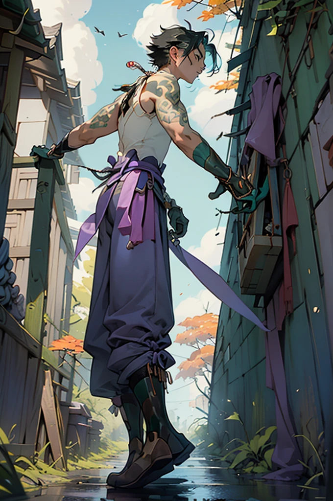 1 adult male solo,xiao \(genshin impact\), 1boy, male focus, short dark teal hair, yellow eyes, white sleeveless shirt, necklace, green tattoo on arm, detached white sleeve, black gloves, wide blue pants, black boots, pink and purple clothes details, black shoulder armor with spikes, outside, chinese mountains, yellow autumn trees, tree leaf falling, windy weather, dramatic light, movie poster style, cinematic shot, book cover, epic