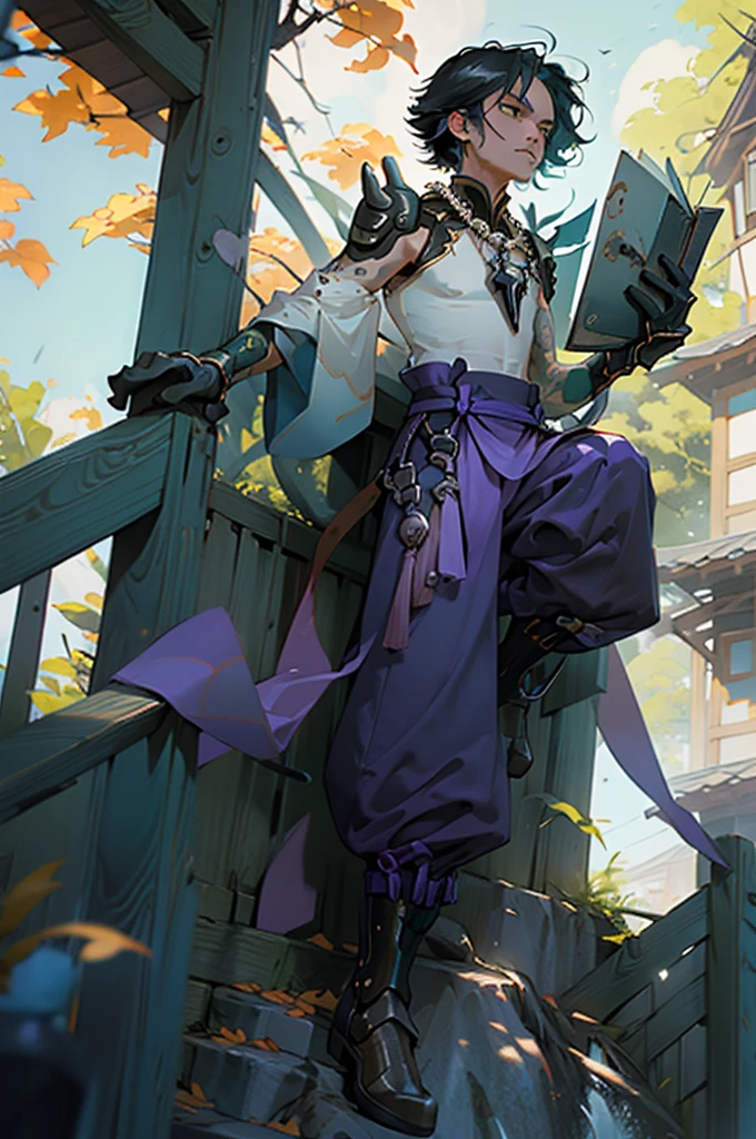 1 adult male solo,xiao \(genshin impact\), 1boy, male focus, short dark teal hair, yellow eyes, white sleeveless shirt, necklace, green tattoo on arm, detached white sleeve, black gloves, wide blue pants, black boots, pink and purple clothes details, black shoulder armor with spikes, outside, chinese mountains, yellow autumn trees, tree leaf falling, windy weather, dramatic light, movie poster style, cinematic shot, book cover, epic