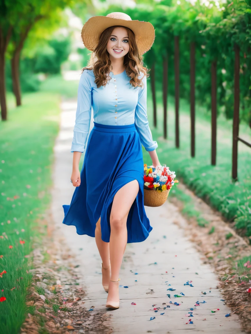 A girl in a dress holding a basket of flowers, blue skirt, white shirt, straw hat, long sleeves, brown high heels, short blonde hair