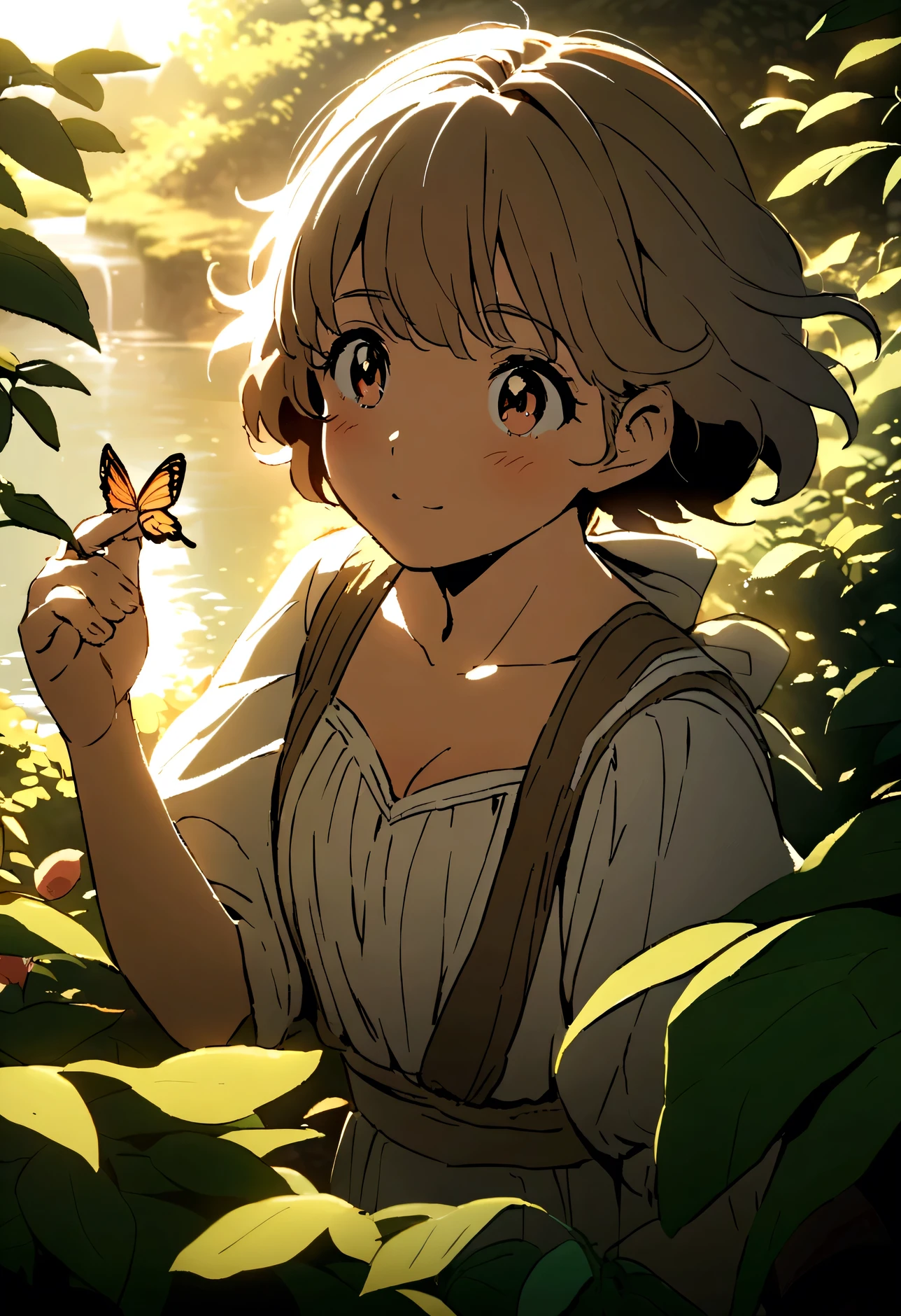 Ghibli colors, Cinematic lighting effects, Scene of country children playing by the river，There are fruits and vegetables，There are puppies，There are butterflies，Super healing，in style of hayao miyazaki，（Sunshine 1.1）closeup cleavage，tmasterpiece，Super light and shadow，Super textured