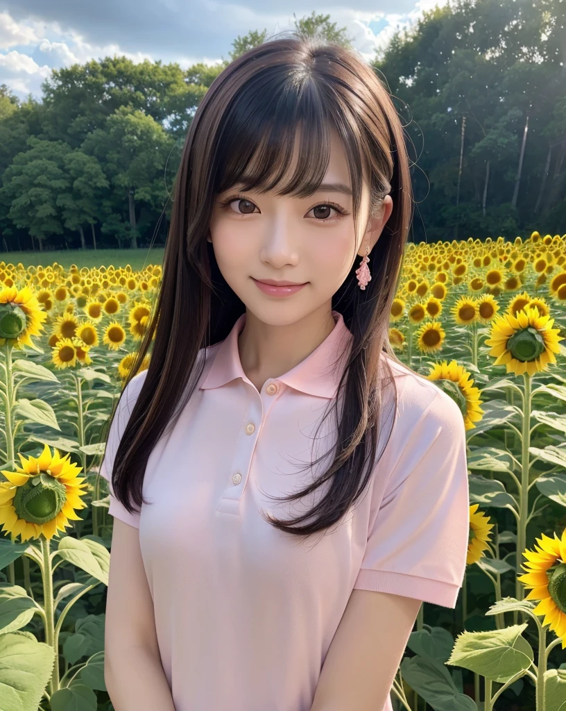 (Highest quality, 32k, High resolution, Masterpiece:1.5, ), marimo_jet, god々A photograph with brilliant dazzling and healing power., Evoking a sense of calm and elusive beauty, Expressing emotions, Have a rich imagination,Beautiful Japanese Girls, An exceptionally beautiful face, Small Face Beauty, Perfect Human Anatomy, Magical big eyes, Motherhood and generosity, Deep Love, fleeting smile, Shiny black hair, ponytail, Asymmetrical bangs, Hair between the eyes, Transparent, soft white skin, Sharp eyebrows, Thin lashes, Natural Makeup, Cheek highlighter, Pale pink detailed lips, , ((Pink short sleeve polo shirt:1.2)), High resolutionの完璧な鎖骨, High resolutionの美しい胸元, Slim figure with ample breasts, High resolutionの美しい太もも, ((Sunflower field:1.3)), ((A background of a faint light shining through a gap in the cloudy sky:1.3)), Professional Lighting, Professional photographer, Professional models, god秘的