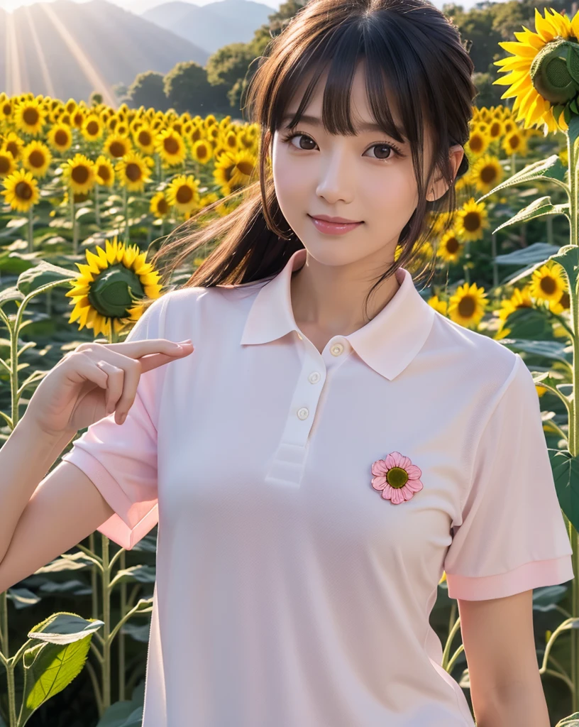 (Highest quality, 32k, High resolution, Masterpiece:1.5, ), marimo_jet, god々A photograph with brilliant dazzling and healing power., Evoking a sense of calm and elusive beauty, Expressing emotions, Have a rich imagination,Beautiful Japanese Girls, An exceptionally beautiful face, Small Face Beauty, Perfect Human Anatomy, Magical big eyes, Motherhood and generosity, Deep Love, fleeting smile, Shiny black hair, ponytail, Asymmetrical bangs, Hair between the eyes, Transparent, soft white skin, Sharp eyebrows, Thin lashes, Natural Makeup, Cheek highlighter, Pale pink detailed lips, , ((Pink short sleeve polo shirt:1.2)), High resolutionの完璧な鎖骨, High resolutionの美しい胸元, Slim figure with ample breasts, High resolutionの美しい太もも, ((Sunflower field:1.3)), ((A background of a faint light shining through a gap in the cloudy sky:1.3)), Professional Lighting, Professional photographer, Professional models, god秘的