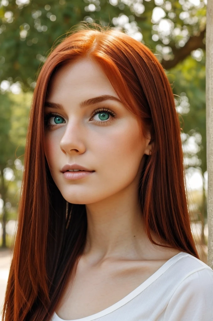 A 20 year old girl, redhead with green eyes, thin refined nose straight hair 