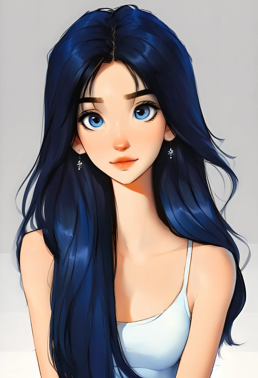 Portrait of a very beautiful female avatar, long hair, dark blue hair color, blue eyes, White background, webtoon style