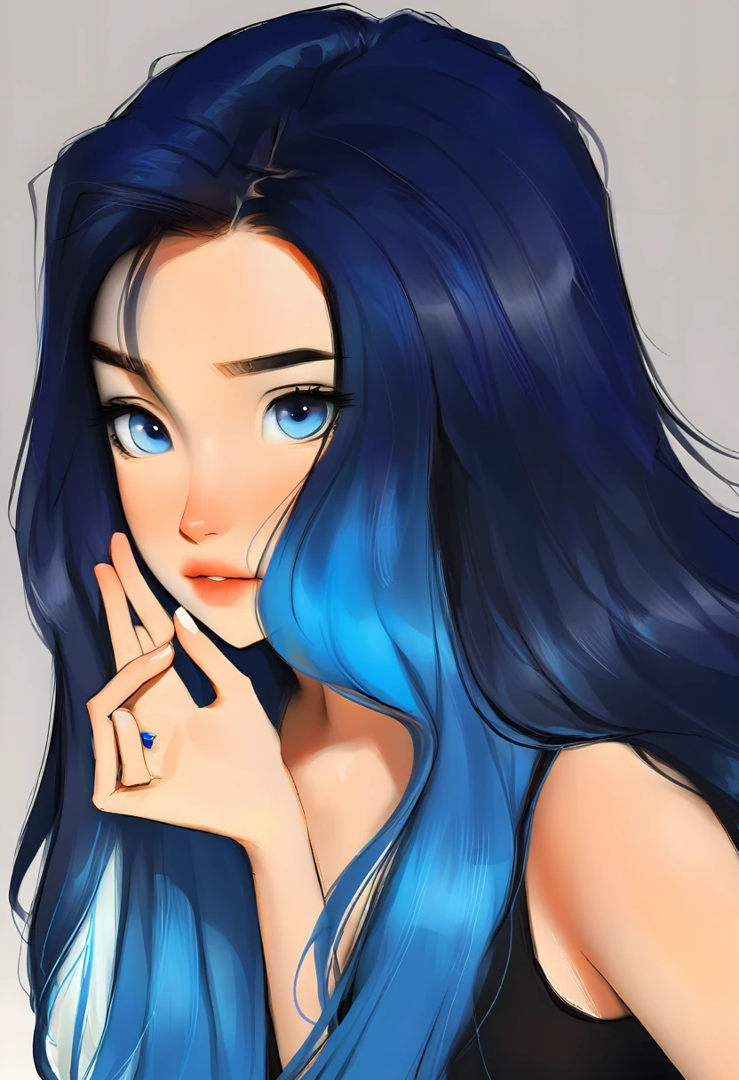 Portrait of a very beautiful female avatar, long hair, dark blue hair color, blue eyes, White background, webtoon style