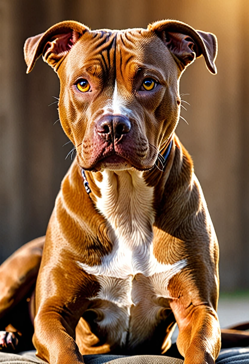 A beautiful caramel short-haired Pitbull dog, amber eyes, sitting, (best quality,4k,8k,highres,masterpiece:1.2),ultra-detailed,(realistic,photorealistic,photo-realistic:1.37),animal, dog, Pitbull, short fur, amber eyes, sitting pose, natural lighting, highly detailed, photorealistic, cinematic composition