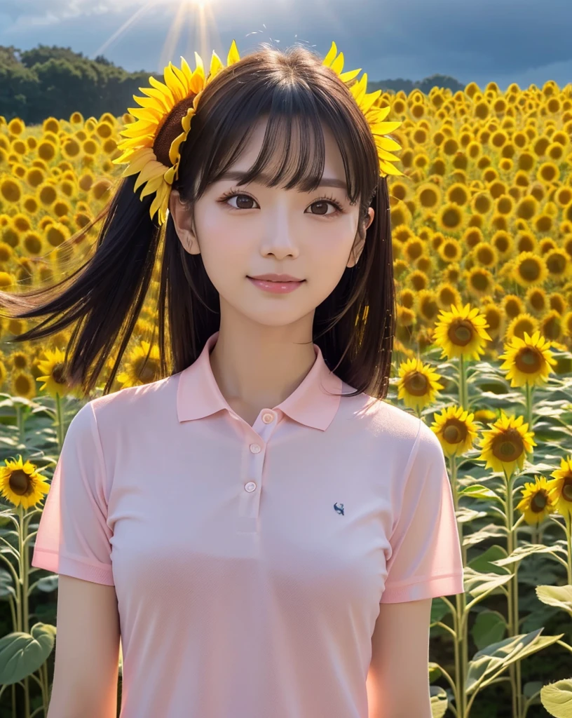 (Highest quality, 32k, High resolution, Masterpiece:1.5, ), marimo_jet, god々A photograph with brilliant dazzling and healing power., Evoking a sense of calm and elusive beauty, Expressing emotions, Have a rich imagination,Beautiful Japanese Girls, An exceptionally beautiful face, Small Face Beauty, Perfect Human Anatomy, Magical big eyes, Motherhood and generosity, Deep Love, fleeting smile, Shiny black hair, ponytail, Asymmetrical bangs, Hair between the eyes, Transparent, soft white skin, Sharp eyebrows, Thin lashes, Natural Makeup, Cheek highlighter, Pale pink detailed lips, , ((Pink short sleeve polo shirt:1.2)), Slim figure with ample breasts, High resolutionの美しい太もも, ((Sunflower field:1.3)), ((A background of a faint light shining through a gap in the cloudy sky:1.3)), Professional Lighting, Professional photographer, Professional models, god秘的