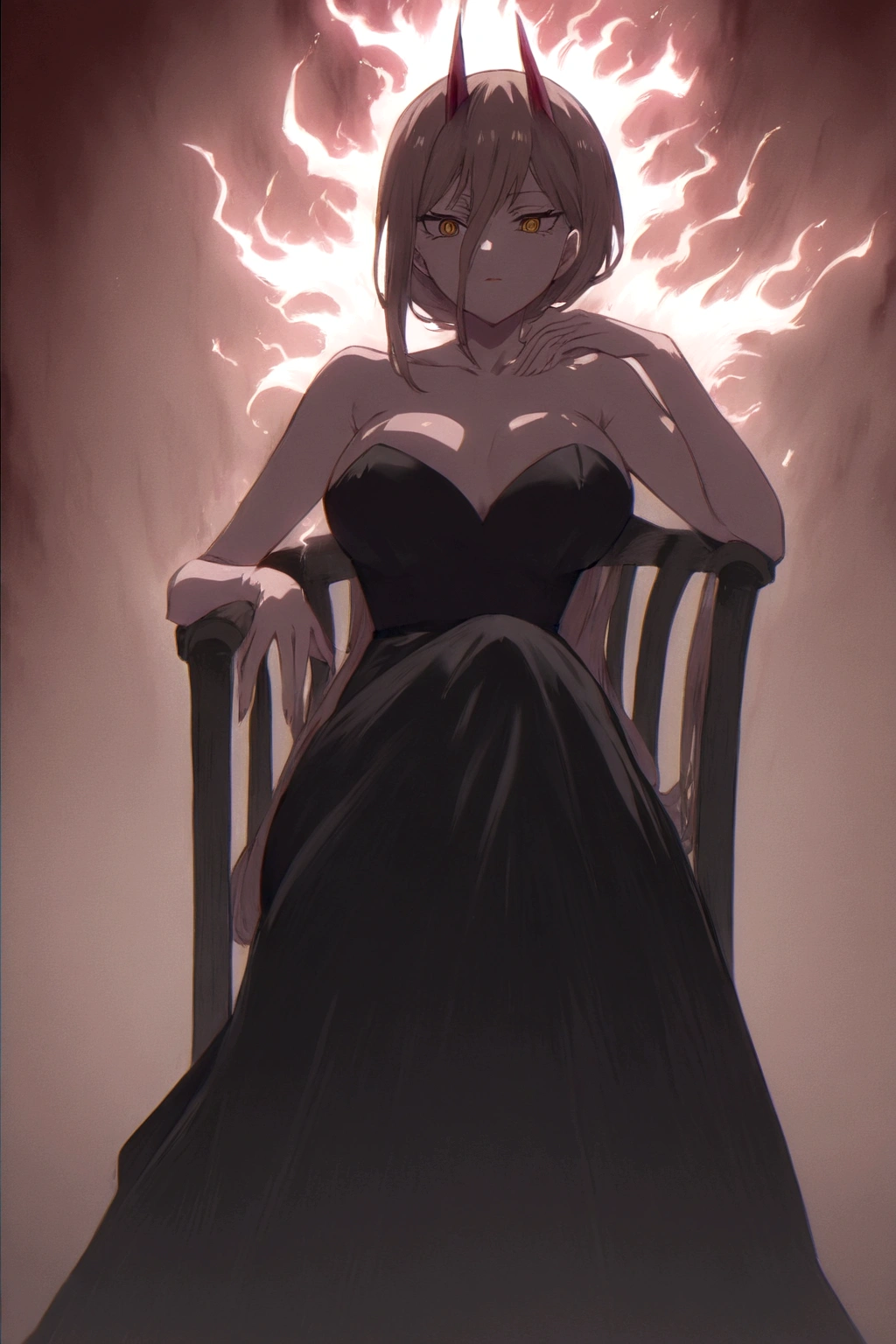 (work of art),anime girl, sitting on a chair, with an aura of superiority and bloodthirsty looks 