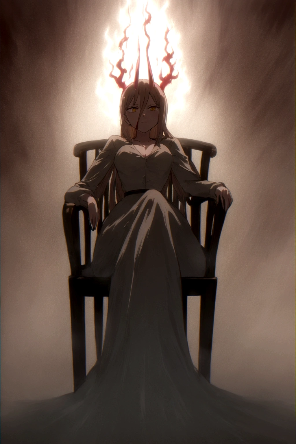 (work of art),anime girl, sitting on a chair, with an aura of superiority and bloodthirsty looks 