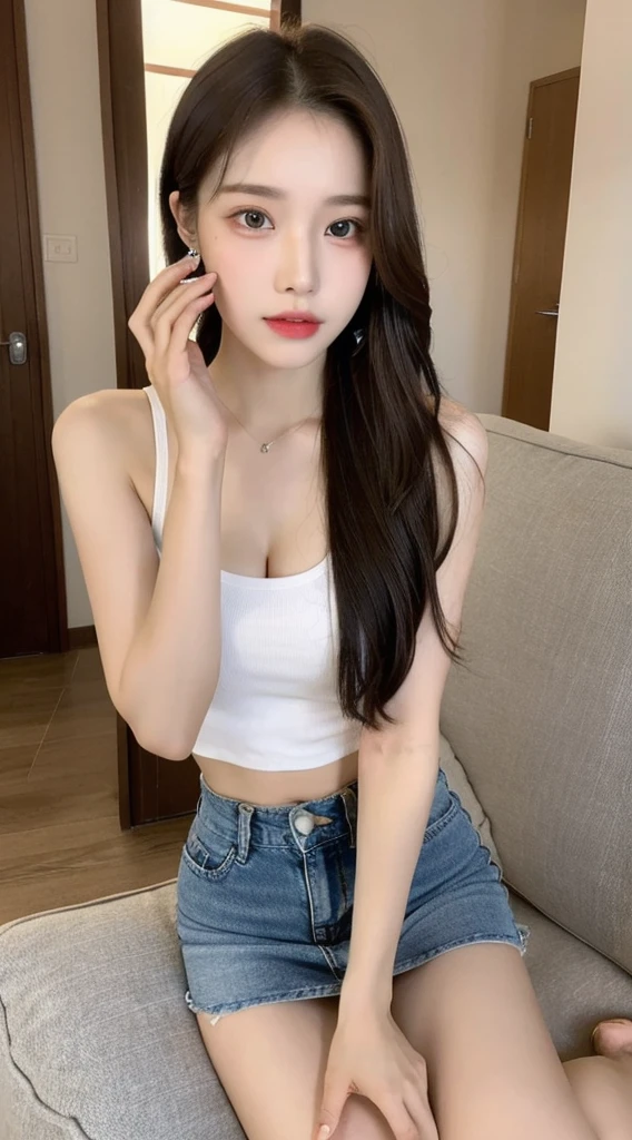 Ultra-clear resolution，Top Quality，Girl with perfect body，Earrings，Clear Eyes，Ordinary face，Gloss for lips，hide your face on your smartphone，White skin，Perfect breasts，Thin legs，Denim mini skirt，barefoot，room,Selfie,whole body