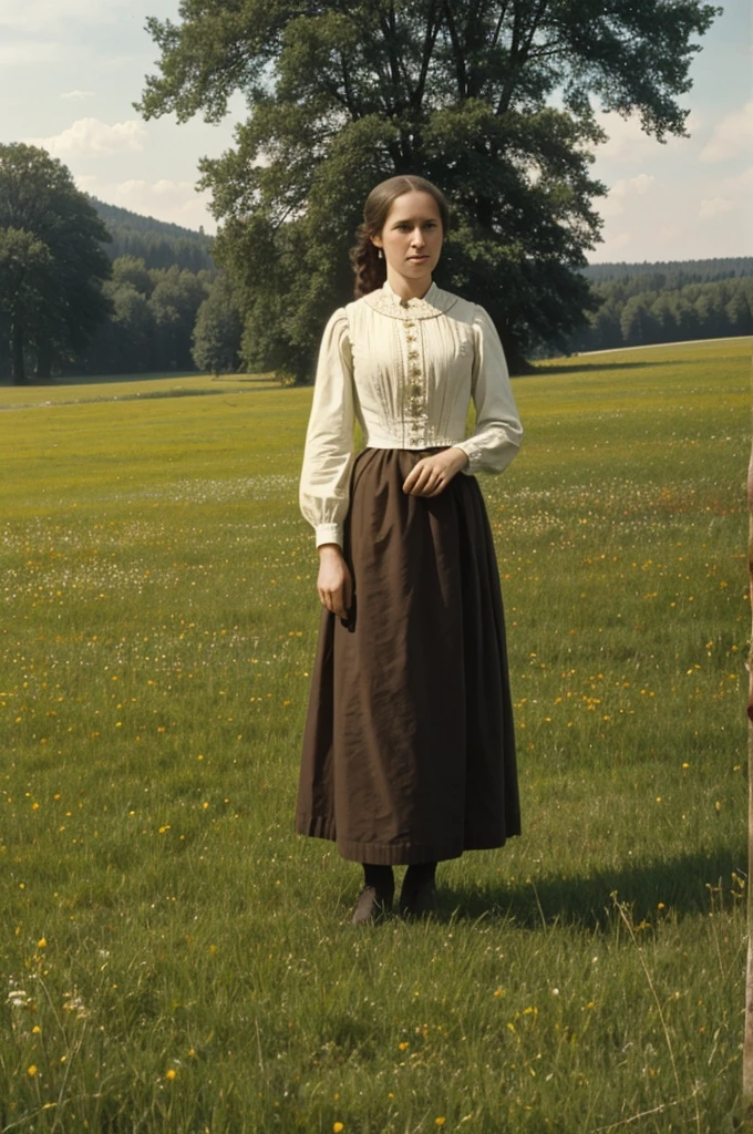 Caucasian woman on the meadow 200 years ago