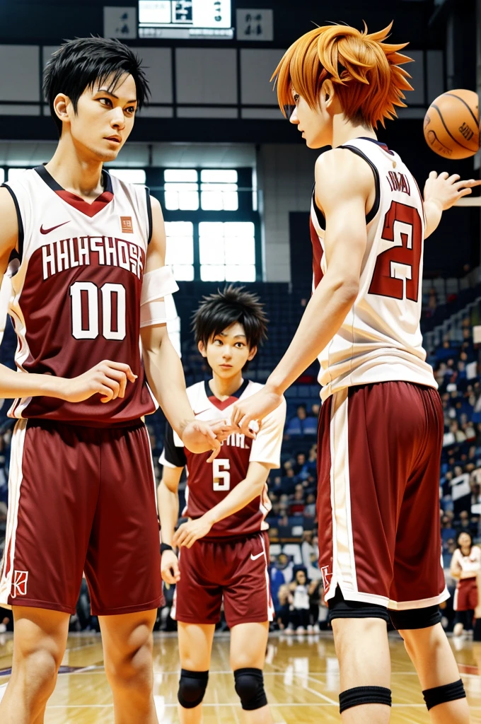 Haikyuu screenshot. 
Boy with straight red hair and medium length, with bangs. 
Large light blue eyes with a smiling expression, pretty and sweet. 
He is wearing the Karasuno t-shirt with the number 7 and black sports shorts..
Con una mano esta haciendo el simbolo de paz ✌ y con la otra una pelota de voleibol. 
In the background he is on the Karasuno High School training court and is standing in front of the volleyball court net..