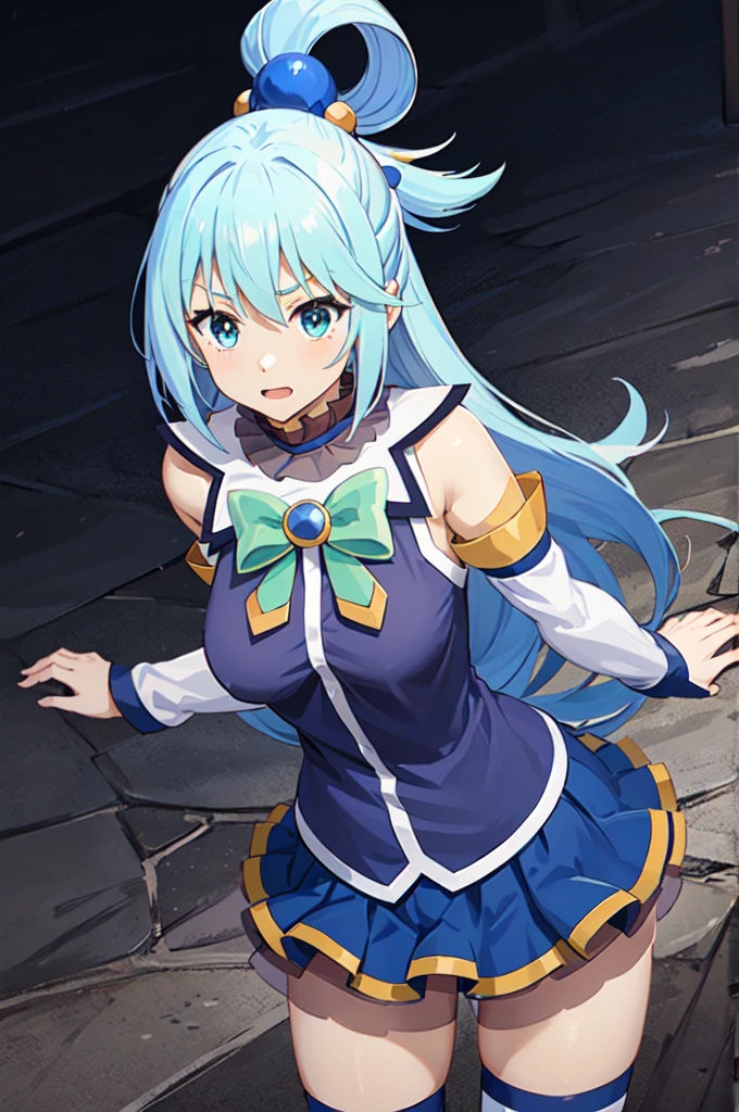 masterpiece, best quality, 1girl, solo, 
Aqua, /(Konosuba/),
long hair, blue hair, hair rings,
hair ornament, choker, bare shoulders, green bow, blue shirt, detached sleeves, blue skirt, thighhighs
