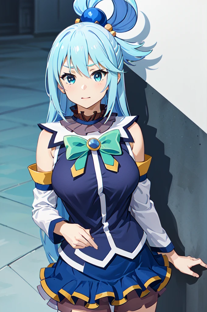 masterpiece, best quality, 1girl, solo, 
Aqua, /(Konosuba/),
long hair, blue hair, hair rings,
hair ornament, choker, bare shoulders, green bow, blue shirt, detached sleeves, blue skirt, thighhighs
