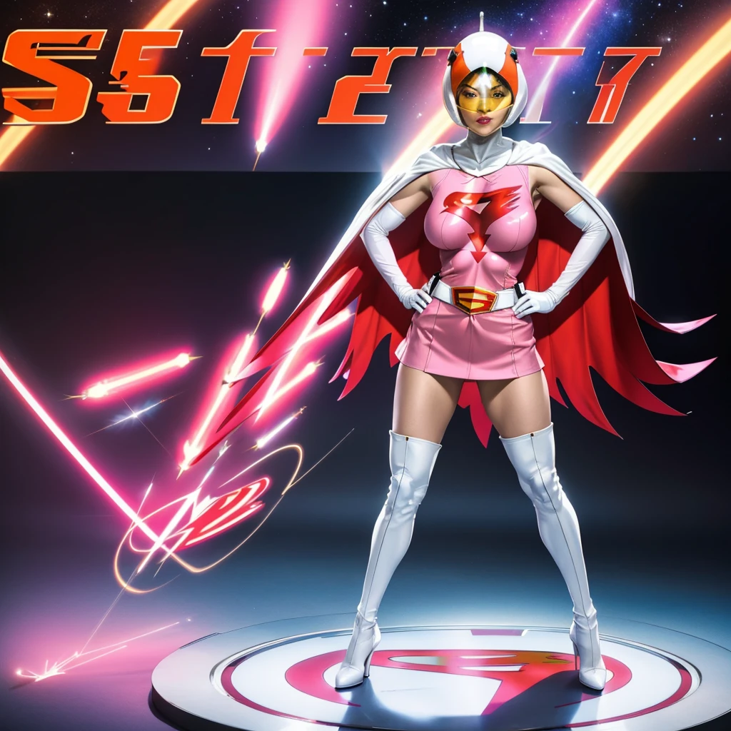 ANI_CLASSIC_jun_gatchaman_ownwaifu,1girl, ,good anatomy, masterpiece, best quality,realistic, hyper realistic, 16k hdr, long hair,breasts,lips,large breasts,lipstick,makeup,gloves,cape,helmet,belt,elbow gloves,white gloves,mask,ultra miniskirt,leotard,spacesuit,white tight overknee highheels boots,pink dress,superhero,bodysuit,cleavage,erected nipples,(stand pose,hands on hip),(spread legs:1.1),cameltoe