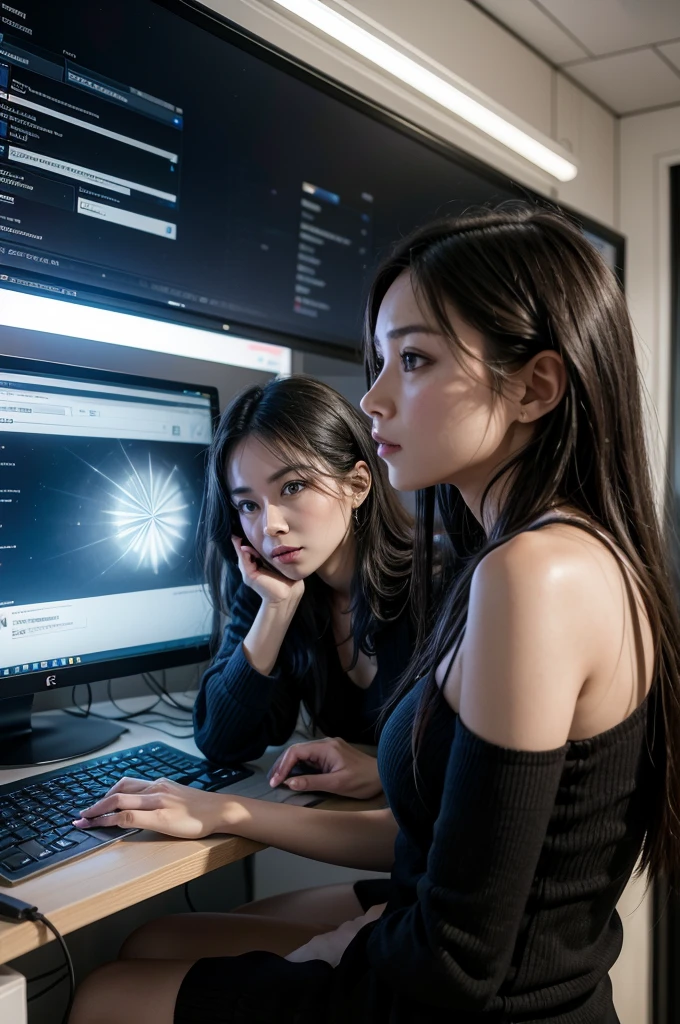 Create two professionals a man and a woman, working on a project! In front of a computer screen, they are talking about productivity!