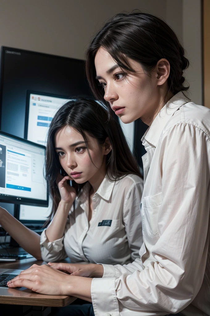 Of a man and a woman studying English speaking on a computer with a white background