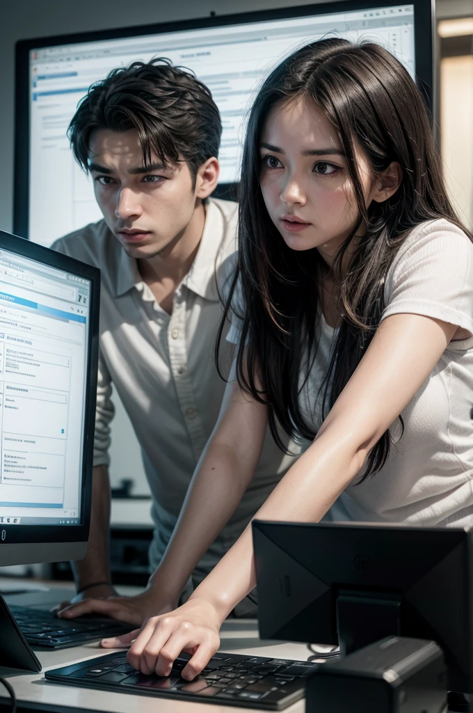 Create two professionals a man and a woman, working on a project! In front of a computer screen, they are talking about productivity!
